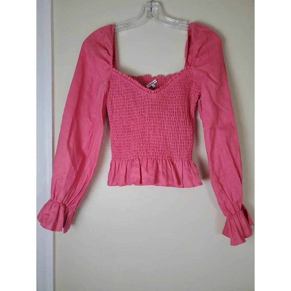 Reformation Cambria Linen Blouse Pink‎ Peplum Sleeve Smocked Sweetheart Medium